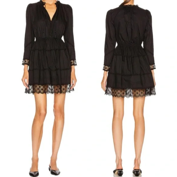 NEW Ulla Johnson Helene black eyelet dress SZ 8 long sleeve crochet v-neck new